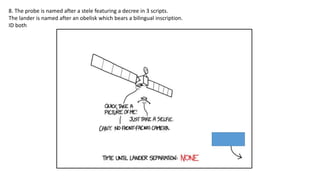 8. The probe is named after a stele featuring a decree in 3 scripts.
The lander is named after an obelisk which bears a bilingual inscription.
ID both
 