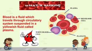 Blood is a fluid which
travels through circulatory
system suspended in a
yellowish fluid called
plasma.
PLASMA
RED BLOOD
CELL
PLATLETS
WHITE BLOOD
CELL
 