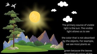 The primary source of visible
light is the sun. The visible
light allows us to see
the color that is not absorbed
by the objects. For example,
we see most plants as
green because the leaves
 