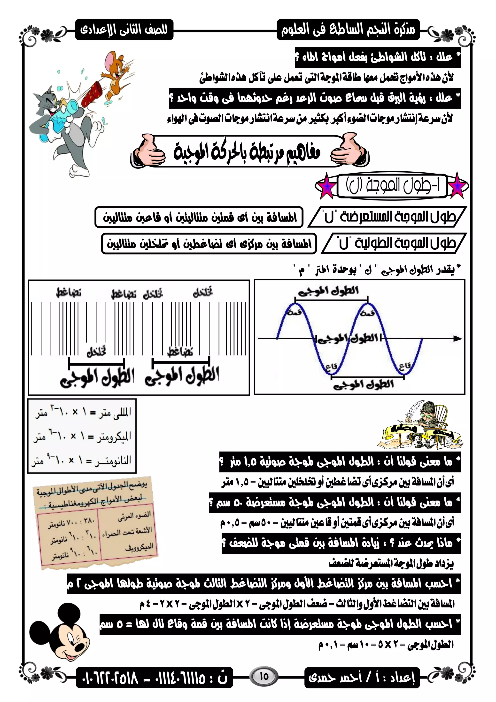 15
*‫ع‬‫لل‬:‫اهماء‬ ‫أمضاج‬ ‫بفعل‬ ‫الشضاطئ‬ ‫تآكل‬‫؟‬
‫؟‬ ‫واحد‬ ‫وقت‬ ‫فى‬ ‫حدوهاما‬ ‫رغ‬ ‫الرعد‬ ‫صضت‬ ‫مساع‬ ‫قىل‬ ‫الربق‬ ‫رؤية‬ : ‫علل‬ *
‫متتاليني‬ ‫قاعني‬ ‫أو‬ ‫متتاليتني‬ ‫قمتني‬ ‫أى‬ ‫بني‬ ‫اهمسافة‬
‫متتاليني‬ ‫ختلخلني‬ ‫أو‬ ‫تضاغطني‬ ‫أى‬ ‫ى‬ ‫مرك‬ ‫بني‬ ‫اهمسافة‬
" ‫ل‬ " ‫املوجى‬ ‫الطول‬" ‫م‬ " ‫املرت‬
‫اهمضاى‬ ‫الطضل‬ : ‫أن‬ ‫قضلنا‬ ‫معنى‬ ‫ما‬ *‫هم‬‫صضتية‬ ‫ضاة‬1.5‫مرت‬‫؟‬
‫اهمضاى‬ ‫الطضل‬ : ‫أن‬ ‫قضلنا‬ ‫معنى‬ ‫ما‬ *‫هم‬‫ضاة‬‫مستعرعة‬50‫س‬‫؟‬
*‫؟‬ ‫عند‬ ‫حيدث‬ ‫ماذا‬:‫للضعف‬ ‫مضاة‬ ‫قمتى‬ ‫بني‬ ‫اهمسافة‬ ‫زيادة‬‫؟‬
‫اهمضاى‬ ‫طضهلا‬ ‫صضتية‬ ‫همضاة‬ ‫الثالث‬ ‫التضاغط‬ ‫ومرك‬ ‫األول‬ ‫التضاغط‬ ‫مرك‬ ‫بني‬ ‫اهمسافة‬ ‫احسب‬ *2‫م‬
xx
‫هلا‬ ‫تال‬ ‫وقاع‬ ‫قمة‬ ‫بني‬ ‫اهمسافة‬ ‫كانت‬ ‫إذا‬ ‫مستعرعة‬ ‫همضاة‬ ‫اهمضاى‬ ‫الطضل‬ ‫احسب‬ *=5‫س‬
x
 