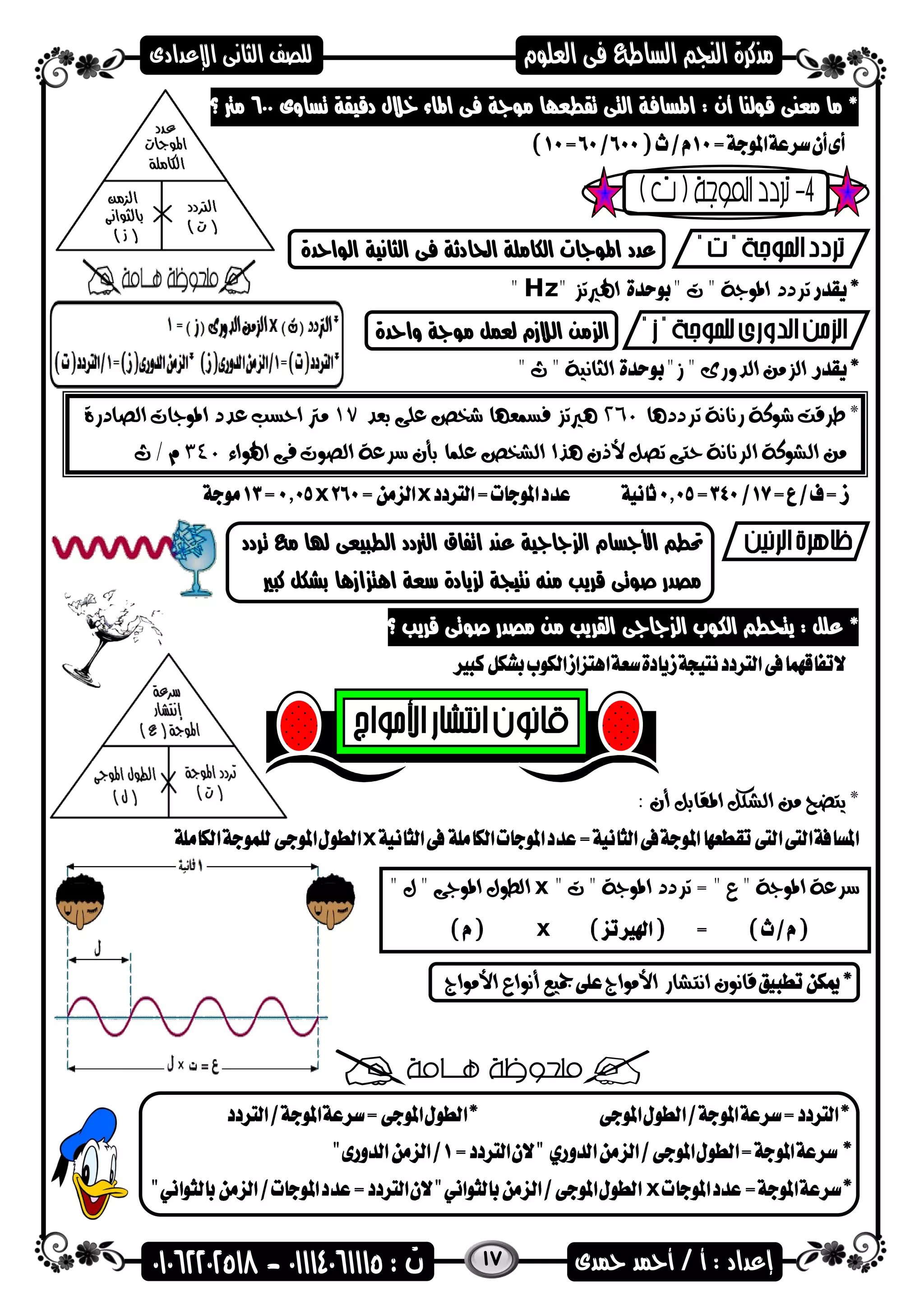 17
‫تساوى‬ ‫دقيقة‬ ‫خالل‬ ‫اهماء‬ ‫فى‬ ‫مضاة‬ ‫تقطعاا‬ ‫التى‬ ‫اهمسافة‬ : ‫أن‬ ‫قضلنا‬ ‫معنى‬ ‫ما‬ *600‫؟‬ ‫مرت‬
‫الضاحدة‬ ‫الثانية‬ ‫فى‬ ‫احلادهة‬ ‫الكاملة‬ ‫اهمضاات‬ ‫عدد‬
" ‫ت‬ " ‫املوجة‬ ‫تردد‬" ‫اهلريتز‬Hz"
‫واحدة‬ ‫مضاة‬ ‫لعمل‬ ‫الالزم‬ ‫من‬ ‫ال‬
"‫ز‬ " ‫الدورى‬ ‫الزمن‬" ‫ث‬ " ‫الثانية‬
*‫ترددها‬ ‫رنانة‬ ‫شوكة‬ ‫طرقت‬260‫بعد‬ ‫على‬ ‫شخص‬ ‫فسمعها‬ ‫هريتز‬17‫الصادرة‬ ‫املوجات‬ ‫عدد‬ ‫احسب‬ ‫مرت‬
‫اهلواء‬ ‫فى‬ ‫الصوت‬ ‫سرعة‬ ‫بأن‬ ‫علما‬ ‫الشخص‬ ‫هذا‬ ‫ألذن‬ ‫تصل‬ ‫حتى‬ ‫الرنانة‬ ‫الشوكة‬ ‫من‬340‫ث‬ / ‫م‬
xx
‫تردد‬ ‫م‬ ‫هلا‬ ‫الطىيعى‬ ‫الرتدد‬ ‫اتفاق‬ ‫عند‬ ‫اااية‬ ‫ال‬ ‫األاسام‬ ‫حتط‬
‫كىري‬ ‫بشكل‬ ‫ازها‬ ‫اهت‬ ‫سعة‬ ‫يادة‬ ‫ل‬ ‫نتيجة‬ ‫منه‬ ‫قريب‬ ‫صضتى‬ ‫مصدر‬
‫الكض‬ ‫يتحط‬ : ‫علل‬ *‫؟‬ ‫قريب‬ ‫صضتى‬ ‫مصدر‬ ‫من‬ ‫القريب‬ ‫اااى‬ ‫ال‬ ‫ب‬
*‫يتضح‬‫املقابل‬ ‫الشكل‬ ‫من‬‫أن‬:
x
" ‫ت‬ " ‫املوجة‬ ‫تردد‬ = " ‫ع‬ " ‫املوجة‬ ‫سرعة‬x‫املوجى‬ ‫الطول‬" ‫ل‬ "
x
‫األمواج‬ ‫انتشار‬ ‫قانون‬‫األ‬ ‫أنواع‬ ‫مجيع‬‫مواج‬
x
 