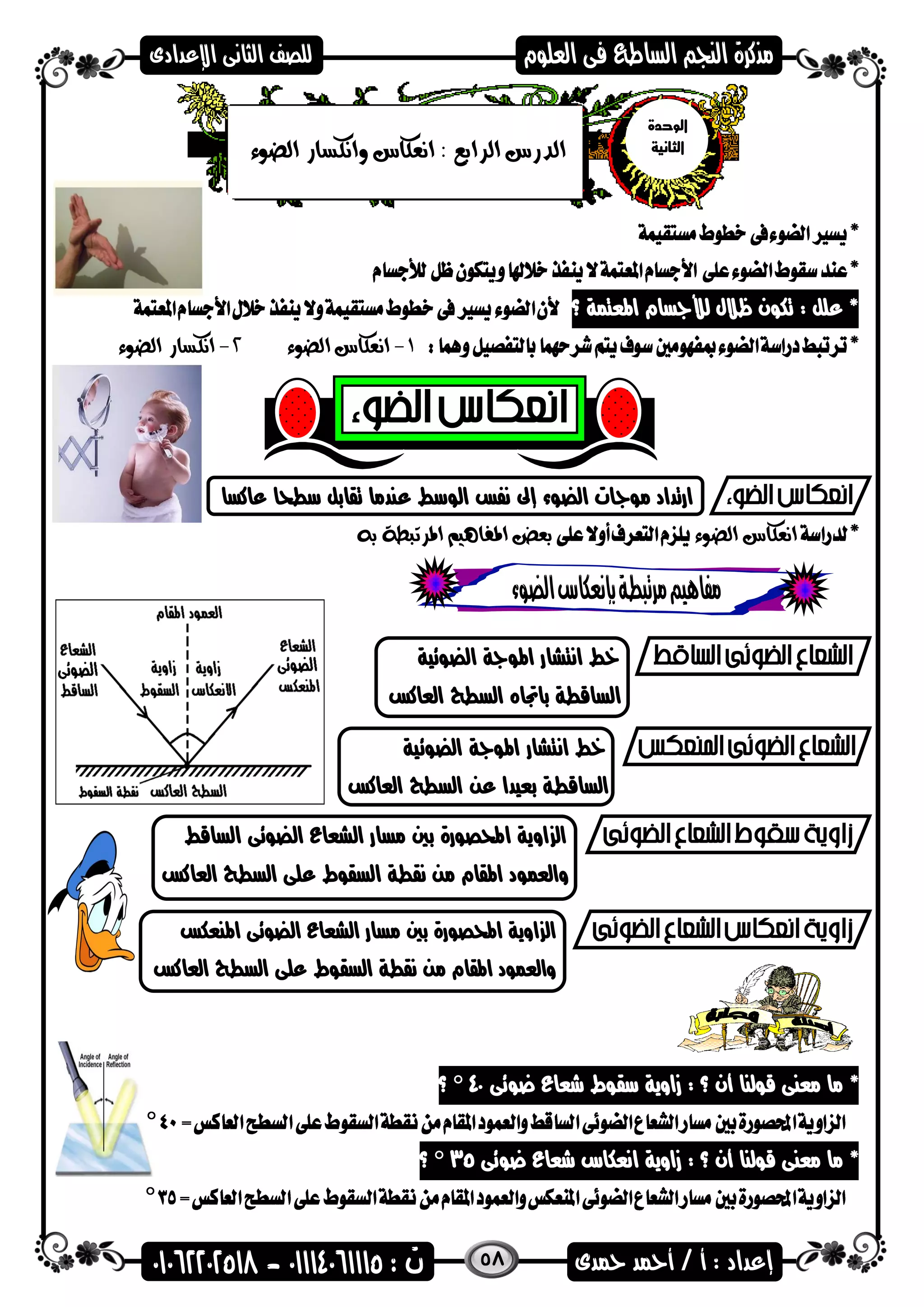 58
‫؟‬ ‫اهمعتمة‬ ‫لألاسام‬ ‫ظالل‬ ‫تكضن‬ : ‫علل‬ *
1-‫الضوء‬ ‫انعكاس‬2-‫الضوء‬ ‫انكسار‬
‫ال‬ ‫مضاات‬ ‫ارتداد‬‫ضضء‬‫عاكسا‬ ‫سطحا‬ ‫تقابل‬ ‫عندما‬ ‫الضسط‬ ‫نفس‬ ‫إىل‬
‫ال‬ ‫انعكاس‬‫ضوء‬‫به‬ ‫املرتبطة‬ ‫املفاهيم‬ ‫بعض‬
‫ال‬ ‫اهمضاة‬ ‫انتشار‬ ‫خط‬‫ضضئية‬
‫العاكس‬ ‫السطح‬ ‫باجتاه‬ ‫الساقطة‬
‫اهمضاة‬ ‫انتشار‬ ‫خط‬‫ال‬‫ضضئية‬
‫ب‬ ‫الساقطة‬‫عن‬ ‫عيدا‬‫العاكس‬ ‫السطح‬
‫ال‬ ‫الشعاع‬ ‫مسار‬ ‫بني‬ ‫احملصضرة‬ ‫اوية‬ ‫ال‬‫ضضئى‬‫الساقط‬
‫والعمضد‬‫اهمقام‬‫العاكس‬ ‫السطح‬ ‫على‬ ‫السقضط‬ ‫نقطة‬ ‫من‬
‫ال‬ ‫الشعاع‬ ‫مسار‬ ‫بني‬ ‫احملصضرة‬ ‫اوية‬ ‫ال‬‫ضضئى‬‫اهمنعكس‬
‫اهمقام‬ ‫والعمضد‬‫السقضط‬ ‫نقطة‬ ‫من‬‫العاكس‬ ‫السطح‬ ‫على‬
*‫شعاع‬ ‫سقضط‬ ‫زاوية‬ : ‫؟‬ ‫أن‬ ‫قضلنا‬ ‫معنى‬ ‫ما‬‫عضئى‬04°‫؟‬
*‫شعاع‬ ‫انعكاس‬ ‫زاوية‬ : ‫؟‬ ‫أن‬ ‫قضلنا‬ ‫معنى‬ ‫ما‬‫عضئى‬53°‫؟‬
‫الوحدة‬
‫ا‬‫لثانية‬‫الضوء‬ ‫وانكسار‬ ‫انعكاس‬ : ‫الرابع‬ ‫الدرس‬
 