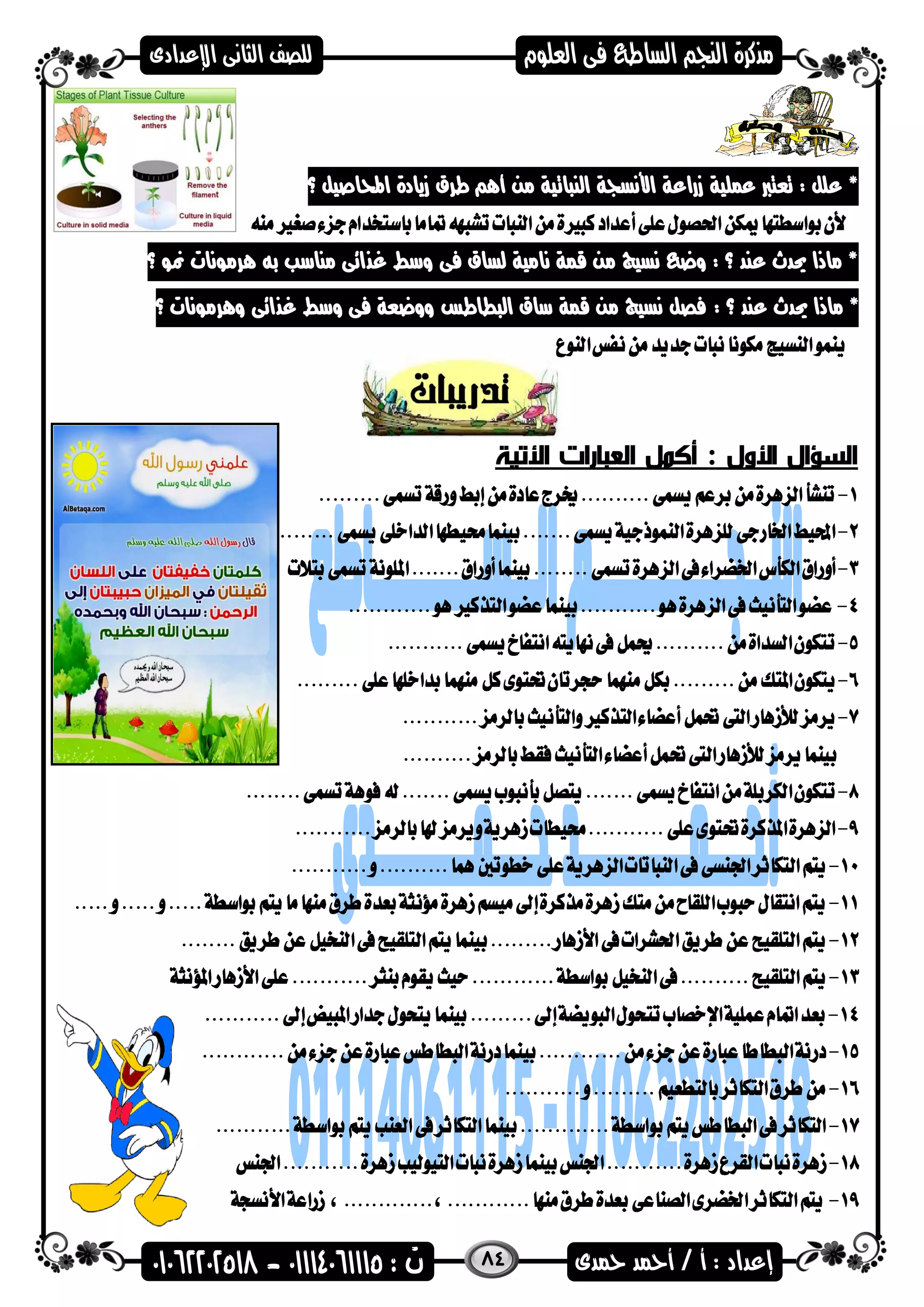 84
‫؟‬ ‫احملاصيل‬ ‫زيادة‬ ‫طرق‬ ‫أه‬ ‫من‬ ‫النىاتية‬ ‫األنسجة‬ ‫زراعة‬ ‫عملية‬ ‫تعترب‬ : ‫علل‬ *
‫؟‬ ‫منض‬ ‫هرمضنات‬ ‫به‬ ‫مناسب‬ ‫غذائى‬ ‫وسط‬ ‫فى‬ ‫لساق‬ ‫نامية‬ ‫قمة‬ ‫من‬ ‫نسيج‬ ‫وع‬ : ‫؟‬ ‫عند‬ ‫حيدث‬ ‫ماذا‬ *
: ‫؟‬ ‫عند‬ ‫حيدث‬ ‫ماذا‬ *‫وهرمضنات‬ ‫غذائى‬ ‫وسط‬ ‫فى‬ ‫ووععة‬ ‫الىطاطس‬ ‫ساق‬ ‫قمة‬ ‫من‬ ‫نسيج‬ ‫فصل‬‫؟‬
‫األتي‬ ‫العبارات‬ ‫أكمل‬ : ‫األول‬ ‫السؤال‬‫ة‬
 