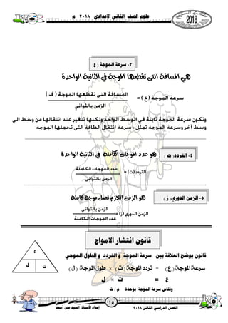 ‫الثانى‬ ‫الدراسي‬ ‫الفصل‬8102‫أحمد‬ ‫على‬ ‫السيد‬ /‫ستاذ‬
ُ
‫األ‬ ‫إعداد‬
‫اإلعدادي‬ ‫الثاني‬ ‫الصف‬ ‫علوم‬8102‫م‬
‫الواحدة‬ ‫الثانية‬ ‫يف‬ ‫املوجة‬ ‫تقطعها‬ ‫التى‬ ‫املسافة‬ ‫هي‬
=========================================================================================================
‫الواحدة‬ ‫الثانية‬ ‫يف‬ ‫الكاملة‬ ‫املوجات‬ ‫عدد‬ ‫هو‬
==========================================================================================================
‫كاملة‬ ‫موجة‬ ‫لعمل‬ ‫الالزم‬ ‫الزمن‬ ‫هو‬
‫الموجي‬ ‫الطول‬ ‫و‬ ‫التردد‬ ‫و‬ ‫الموجة‬ ‫سرعة‬ ‫بين‬ ‫العالقة‬ ‫يوضح‬ ‫قانون‬
) ‫ع‬ ( ‫املوجة‬ ‫سرعة‬) ‫ت‬ ( ‫املوجة‬ ‫تردد‬ =×) ‫ل‬ ( ‫املوجة‬ ‫طول‬
‫ع‬‫ت‬‫ل‬
‫وت‬‫قاس‬‫الموجة‬ ‫سرعة‬‫ث‬ / ‫م‬ ‫بوحدة‬
‫االمواج‬ ‫انتشار‬ ‫قانون‬
3-‫س‬‫ر‬‫الموجة‬ ‫عة‬‫ع‬ (
)
0-‫الزمن‬) ‫ز‬ (‫الدوري‬
4-) ‫ت‬ (‫التردد‬
‫ع‬
‫ت‬‫ل‬
 