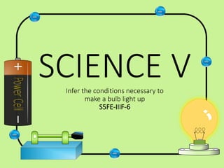 SCIENCE V
Infer the conditions necessary to
make a bulb light up
S5FE-IIIF-6
 