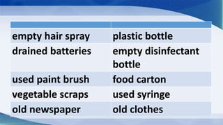 empty hair spray plastic bottle
drained batteries empty disinfectant
bottle
used paint brush food carton
vegetable scraps used syringe
old newspaper old clothes