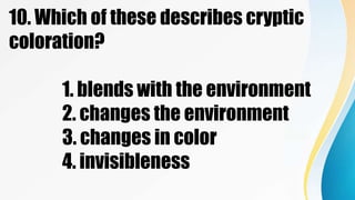 10. Which of these describes cryptic
coloration?
1. blends with the environment
2. changes the environment
3. changes in color
4. invisibleness
 