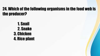 24. Which of the following organisms in the food web is
the producer?
1. Snail
2. Snake
3. Chicken
4. Rice plant
 