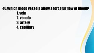 40.Which blood vessels allow a forceful flow of blood?
1. vein
2. venule
3. artery
4. capillary
 