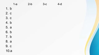 1-a 2-b 3-c 4-d
1. b
2. c
3. c
4. b
5. a
6. b
7. b
8. a
9. c
10.a
 