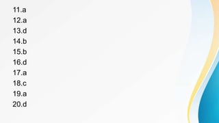 11.a
12.a
13.d
14.b
15.b
16.d
17.a
18.c
19.a
20.d
 