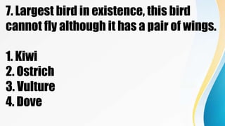 7. Largest bird in existence, this bird
cannot fly although it has a pair of wings.
1. Kiwi
2. Ostrich
3. Vulture
4. Dove
 