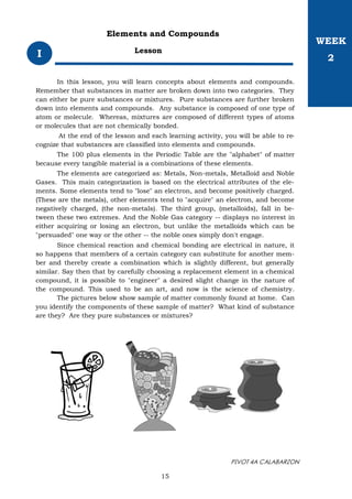 PIVOT 4A CALABARZON
15
Lesson
I
Elements and Compounds
In this lesson, you will learn concepts about elements and compounds.
Remember that substances in matter are broken down into two categories. They
can either be pure substances or mixtures. Pure substances are further broken
down into elements and compounds. Any substance is composed of one type of
atom or molecule. Whereas, mixtures are composed of different types of atoms
or molecules that are not chemically bonded.
At the end of the lesson and each learning activity, you will be able to re-
cognize that substances are classified into elements and compounds.
The 100 plus elements in the Periodic Table are the "alphabet" of matter
because every tangible material is a combinations of these elements.
The elements are categorized as: Metals, Non-metals, Metalloid and Noble
Gases. This main categorization is based on the electrical attributes of the ele-
ments. Some elements tend to "lose" an electron, and become positively charged.
(These are the metals), other elements tend to "acquire" an electron, and become
negatively charged, (the non-metals). The third group, (metalloids), fall in be-
tween these two extremes. And the Noble Gas category -- displays no interest in
either acquiring or losing an electron, but unlike the metalloids which can be
"persuaded" one way or the other -- the noble ones simply don't engage.
Since chemical reaction and chemical bonding are electrical in nature, it
so happens that members of a certain category can substitute for another mem-
ber and thereby create a combination which is slightly different, but generally
similar. Say then that by carefully choosing a replacement element in a chemical
compound, it is possible to "engineer" a desired slight change in the nature of
the compound. This used to be an art, and now is the science of chemistry.
The pictures below show sample of matter commonly found at home. Can
you identify the components of these sample of matter? What kind of substance
are they? Are they pure substances or mixtures?
WEEK
2
 
