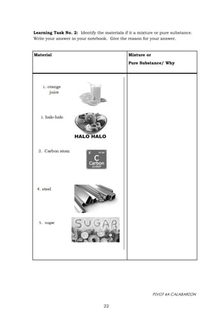 PIVOT 4A CALABARZON
Learning Task No. 2: Identify the materials if it a mixture or pure substance.
Write your answer in your notebook. Give the reason for your answer.
22
Material Mixture or
Pure Substance/ Why
 