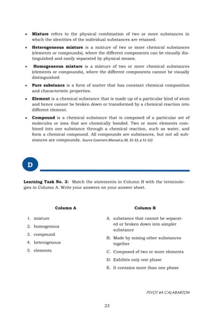 PIVOT 4A CALABARZON
 Mixture refers to the physical combination of two or more substances in
which the identities of the individual substances are retained.
 Heterogeneous mixture is a mixture of two or more chemical substances
(elements or compounds), where the different components can be visually dis-
tinguished and easily separated by physical means.
 Homogeneous mixture is a mixture of two or more chemical substances
(elements or compounds), where the different components cannot be visually
distinguished.
 Pure substance is a form of matter that has constant chemical composition
and characteristic properties.
 Element is a chemical substance that is made up of a particular kind of atom
and hence cannot be broken down or transformed by a chemical reaction into
different element.
 Compound is a chemical substance that is composed of a particular set of
molecules or ions that are chemically bonded. Two or more elements com-
bined into one substance through a chemical reaction, such as water, and
form a chemical compound. All compounds are substances, but not all sub-
stances are compounds. Source (Learners Manual p.30, 32-33, p 51-52)
D
Learning Task No. 3: Match the statements in Column B with the terminolo-
gies in Column A. Write your answers on your answer sheet.
23
Column A Column B
1. mixture
2. homogenous
3. compound
4. heterogenous
5. elements
A. substance that cannot be separat-
ed or broken down into simpler
substance
B. Made by mixing other substances
together
C. Composed of two or more elements
D. Exhibits only one phase
E. It contains more than one phase
 