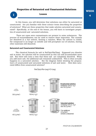 PIVOT 4A CALABARZON
27
Lesson
I
Properties of Saturated and Unsaturated Solutions
In this lesson, you will determine that solutions can either be saturated or
unsaturated. Are you familiar with these science terms describing the properties
of solutions? What are these properties that make solution saturated and unsatu-
rated? Specifically, at the end ot the lesson, you will learn to investigate proper-
ties of unsaturated and saturated solutions.
There are cases were contaminants are present in some substances. The
process of recrystallization can be used to remove these impurities. The crystals
are dissolved in a hot solvent, forming a solution. When the solvent is cooled,
the compound is no longer as soluble and will precipitate out of solution, leaving
other materials still dissolved.
Saturated and Unsaturated Solutions
The chemical formula for salt is NaCl(s)⇄NaCl(aq). Supposed you dissolve
salt in water, the solution will be unsaturated as this can still accommodate more
salt. But there will come a time that these salt are completely dissolved. When
you add more salt, the additional salt remained undissolved. This is what actually
happens in a saturated solution. See the diagram below showing the prepara-
tion's of unsaturated and saturated solutions of salt and water. How does satu-
rated differs from unsaturated solution?
NaCl(s)⇄Na+(aq)+Cl−(aq)
WEEK
4
 