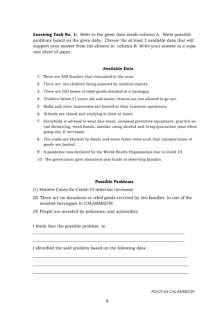 PIVOT 4A CALABARZON
Learning Task No. 1: Refer to the given data inside column A. Write possible
problems based on the given data. Choose the at least 3 available data that will
support your answer from the choices in column B. Write your answer in a sepa-
rate sheet of paper.
Possible Problems
(1) Positive Cases for Covid-19 Infection Increases
(2) There are no donations or relief goods received by two families in one of the
isolated barangays in CALABARZON
(3) People are arrested by policemen and authorities
Available Data
1: There are 200 families that evacuated in the area.
2: There are ten children being assisted by medical experts.
3: There are 500 boxes of relief goods donated in a barangay.
4: Children below 21 years old and senior citizens are not allowed to go out.
5: Malls and other businesses are limited in their business operations.
6: Schools are closed and studying is done at home.
7: Everybody is advised to wear face mask, personal protective equipment, practice so-
cial distancing, wash hands, sanitize using alcohol and bring quarantine pass when
going out, if necessary.
8: The roads are blocked by floods and some fallen trees such that transportation of
goods are limited.
9: A pandemic was declared by the World Health Organization due to Covid 19.
10: The government gave donations and funds to deserving families.
I think that the possible problem is:
__________________________________________________________________________
__________________________________________________________________________
I identified the said problem based on the following data :
___________________________________________________________________________
____________________________________________________________________________
____________________________________________________________________________
8
 