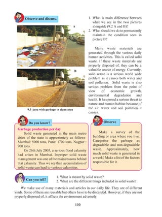 100
9.3 Area with garbage vs clean area
Garbage production per day
	 Solid waste generated in the main metro
cities of the state is approximtely as follows-
Mumbai: 5000 tons, Pune: 1700 tons, Nagpur :
900 tons.
	 On 26th July 2005, a serious flood calamity
had arisen in Mumbai. Improper solid waste
management was one of the main reasons behind
that calamity. Thus we see that accumulation of
solid waste can lead to various calamities.
Make a survey of the
building or area where you live.
Categorise the garbage as
degradable and non-degradable
waste. Approximately, how
much solid waste is generated in
a week? Make a list of the factors
responsible for it.
1.	What is main difference between
what we see in the two pictures
alongside (9.2 A and B)?
2.	 What should we do to permanently
maintain the condition seen in
picture B?
	 Many waste materials are
generated through the various daily
human activities. This is called solid
waste. If these waste materials are
properly disposed of, they can be a
valuable source of energy. Currently,
solid waste is a serious world wide
problem as it causes both water and
soil pollution. Solid waste is also
serious problem from the point of
view of economic growth,
environmental degradation and
health. It has posed a serious threat to
nature and human habitat because of
the air, water and soil pollution it
causes.
1.	What is meant by solid waste?
2.	What are the different things included in solid waste?
We make use of many materials and articles in our daily life. They are of different
kinds. Some of them are reusable but others have to be discarded. However, if they are not
properly disposed of, it affects the environment adversely.
A
B
Observe
Observe and discuss.
Do you know?
Can you tell?
 