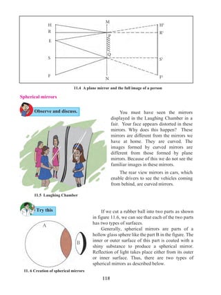 118
Spherical mirrors
	 If we cut a rubber ball into two parts as shown
in figure 11.6, we can see that each of the two parts
has two types of surfaces.
	 Generally, spherical mirrors are parts of a
hollow glass sphere like the part B in the figure. The
inner or outer surface of this part is coated with a
shiny substance to produce a spherical mirror.
Reflection of light takes place either from its outer
or inner surface. Thus, there are two types of
spherical mirrors as described below.
	 You must have seen the mirrors
displayed in the Laughing Chamber in a
fair. Your face appears distorted in these
mirrors. Why does this happen? These
mirrors are different from the mirrors we
have at home. They are curved. The
images formed by curved mirrors are
different from those formed by plane
mirrors. Because of this we do not see the
familiar images in these mirrors.
	 The rear view mirrors in cars, which
enable drivers to see the vehicles coming
from behind, are curved mirrors.
A
B
11.4 A plane mirror and the full image of a person
11. 6 Creation of spherical mirrors
11.5 Laughing Chamber
Observe and discuss.
Try this
H
R
E
S
F
H1
R1
S1
F1
M
P
Q
N
 