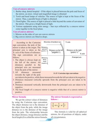 125
Uses of concave mirrors
1. 	Barber shop, dental hospital – If the object is placed between the pole and focus of
the mirror, an erect, virtual and magnified image is obtained
2. 	Torch and head lamps of vehicles- The source of light is kept at the focus of the
mirror. Thus, a parallel beam of light is obtained.
3. 	Flood lights- The source of light is placed a little beyond the centre of curvature of
the mirror. This gives a bright beam of light.
4. 	Various equipment using solar energy - Sun rays reflected by a concave mirror
come together in the focal plane.
Uses of convex mirrors
1. Mirrors on the sides of cars are convex mirrors
2. Big convex mirrors are fitted in shops.
	 According to the Cartesian
sign convention, the pole of the
mirror is taken as the origin. The
principal axis is taken as the
X- axis of the frame of reference.
The sign conventions are as
follows.
1.	The object is always kept on
the left of the mirror. All
distances parallel to the
principal axis are measured
from the pole of the mirror.
2.	All distances measured
towards the right of the pole
are taken to be positive, while those measured towards the left are taken to be negative.
3.	Distances measured vertically upwards from the principal axis are taken to be
positive.
4.	Distances measured vertically downwards from the principal axis are taken to be
negative.
5.	The focal length of a concave mirror is negative while that of a convex mirror is
positive.
Mirror formula
	 We get the correct values of distances
by using the Cartesian sign convention.
The object distance (u) is the distance of
the object from the pole, while the image
distance (v) is the distance of the image
from the pole. The relationship between
the object distance, image distance and the
focal length (f) is called the mirror formula.
Principal axis
Direction of incident rays
Distances
upward
(positive +)
Distances
down
ward
(negative-)
Distances on the left
(negative -)
Distances on the right
(positve +)
Y axis
X axis
11.15 Cartesian sign conventions
The mirror formula is expressed as
follows :
1	 1 1
v u f+ =
	 This formula is valid for all spherical
mirrors, for all positions of objects, under
all circumstances.
 