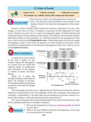 128
	 Sound is a form of energy which creates the sensation of hearing in our ears. This
energy is in the form of waves. A medium is necessary for the propagation of sound
waves. Sound waves give rise to a chain of compression (place of higher density) and
rarefaction (place of lower density) in the medium. The particles of the medium oscillate
about their central or mean positions, in a direction parallel to the propagation of the
wave. Such waves are called longitudinal waves. On the other hand, in the waves created
by dropping a stone in still water, the particles of water oscillate up and down. These
oscillations are perpendicular to the direction of propagation of the wave, such waves are
called transverse waves.
	 A sound wave can be shown
in the form a graph. At any
moment during the propagation
of a sound wave we would find
alternate bands of compression
and rarefaction of the medium
i.e. bands of greater and lesser
density.
	 Figure 12.1 A shows the
changes in density while figure B
shows the changes in pressure.
Thechangesindensityorpressure
are shown in the form of a graph
in figure C.
	 The wavelength of sound waves is indicated by the Greek letter lambda (l), while its
frequency is indicated by nu (u). The amplitude, which is the maximum value of pressure
or density, is indicated by A. The time taken for one oscillation of pressure or density at a
point in the medium is called the time period and is indicated by T.
	 The value of frequency determines the pitch (high or low) of the sound while the value
of the amplitude determines its strength or loudness.
12.1 Sound waves
1. 	How are the frequencies of notes sa, re ga ma, pa, dha, ni related
to each other?
2. 	What is the main difference between the frequencies of the voice
of a man and that of a woman?
1. 	How does the velocity of sound depend on its frequency?
2. 	How is the direction of the oscillation of the particles of the
medium related to the direction of propagation of the sound-
wave?
Change in density
Loudspeaker
Change in pressure
Density or
pressure
Average
density or pressure
C
B
A
Loudspeaker
Can you recall?
Observe and discuss.
Ø Sound waves	 Ø Velocity of sound	 Ø Reflection of sound
Ø The human ear, audible sound, infra sound and ultrasound	
12. Study of Sound
Research
 