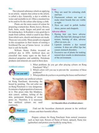 159
Dye
The coloured substance which on applying
to an article, imparts that colour to the article,
is called a dye. Generally, a dye is soluble in
water and insoluble in oil. Often a mordant has
to be used to fix the colour after dying a cloth.
	 Plants are the main source of colour for
preparing a natural dye. Roots, leaves, flowers,
bark, fruits, seeds, fungus and pistil are used
for making dyes. In Kashmir a very good dye is
made from saffron, which is used to dye fibres
from which saris, shawls and dresses are made.
These are very costly. Many people are engaged
in this occupation as their means of earning a
livelihood.The use of henna leaves to colour
hair is safe for health.
	William Henry Perkin invented an
artificial dye in 1856. Artificial dyes are
classified into many types on the basis of
chemical properties and solubility. Petroleum
products and minerals are used in these dyes.
Artificial colours
1.	What problems do you get after playing colours on Rang
Panchami? Why?
2.	 Which colors will you use to prevent the occurence of these
problems?
3.	 Whatproblemdoyouhaveonpaintingthehouseandfurniture?
	 We regularly use artificial colours
on Rang Panchami, decorating the
housd by painting. The red color use
on Rang Panchami is very dangerous.
It contains a high proportion of mercury
in it. This poses risks like blindness,
skin cancer, asthma, itching of the
skin, permanent blocking of sweat
pores etc. Therefore, it is necessary
that artificial colours are used
cautiously.
	 Find out the hazardous chemicals present in the artificial
colours and their harmful effects.
	 Prepare colours for Rang Panchami from natural resources
such as beet root, flowers of flame of forest, spinach, flame tree
(gulmohar) and protect your health by using these.	
Try this
14.3 Harmful effects of artificial colours
Can you tell?
Uses
1.	They are used for colouring cloth
and hair.
2.	Fluorescent colours are used to
make street boards that are visible
at night.
3.	Dyes are used to polish leather
shoes, purses and chappals.
Adverse effects
1.	Dyeing hair can have adverse
effects like hair fall, damage to hair
texture, burning of skin, adverse
effect on eyes, etc.
2.	Lipstick contains a dye named
carmine. It does not affect lips but
causes stomach disorders.
3.	 Excessive use of plants for making
natural dyes results in deterioration
of the environment.
Find out
 