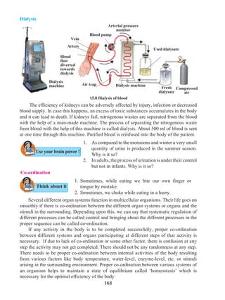 168
Dialysis
Use your brain power !
	 The efficiency of kidneys can be adversely affected by injury, infection or decreased
blood supply. In case this happens, an excess of toxic substances accumulates in the body
and it can lead to death. If kidneys fail, nitrogenous wastes are separated from the blood
with the help of a man-made machine. The process of separating the nitrogenous waste
from blood with the help of this machine is called dialysis. About 500 ml of blood is sent
at one time through this machine. Purified blood is reinfused into the body of the patient.
1.	 As compared to the monsoons and winter a very small
quantity of urine is produced in the summer season.
Why is it so?
2.	 In adults, the process of urination is under their control
but not in infants. Why is it so?
Think about it
Co-ordination
1.	Sometimes, while eating we bite our own finger or
tongue by mistake.
2.	 Sometimes, we choke while eating in a hurry.
Artery
Blood pump
Dialysis machine
Fresh
dialysate
Compressed
air
Used dialysate
Blood
flow
diverted
towards
dialysis
Vein
Air trap
Dialysis
machine
	 Several different organ systems function in multicellular organisms. Their life goes on
smoothly if there is co-ordination between the different organ systems or organs and the
stimuli in the surrounding. Depending upon this, we can say that systematic regulation of
different processes can be called control and bringing about the different processes in the
proper sequence can be called co-ordination.
	 If any activity in the body is to be completed successfully, proper co-ordination
between different systems and organs participating at different steps of that activity is
necessary. If due to lack of co-ordination or some other factor, there is confusion at any
step the activity may not get completed. There should not be any randomness at any step.
There needs to be proper co-ordination between internal activities of the body resulting
from various factors like body temperature, water-level, enzyme-level, etc. or stimuli
arising in the surrounding environment. Proper co-ordination between various systems of
an organism helps to maintain a state of equilibrium called ‘homeostasis’ which is
necessary for the optimal efficiency of the body.
15.8 Dialysis of blood
Arterial pressure
monitor
 