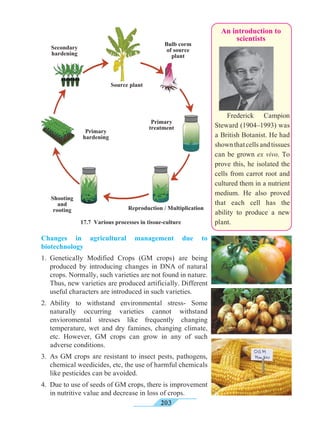 203
Changes in agricultural management due to
biotechnology
1.	Genetically Modified Crops (GM crops) are being
produced by introducing changes in DNA of natural
crops. Normally, such varieties are not found in nature.
Thus, new varieties are produced artificially. Different
useful characters are introduced in such varieties.
2.	Ability to withstand environmental stress- Some
naturally occurring varieties cannot withstand
envioromental stresses like frequently changing
temperature, wet and dry famines, changing climate,
etc. However, GM crops can grow in any of such
adverse conditions.
3.	As GM crops are resistant to insect pests, pathogens,
chemical weedicides, etc, the use of harmful chemicals
like pesticides can be avoided.
4.	 Due to use of seeds of GM crops, there is improvement
in nutritive value and decrease in loss of crops.
An introduction to
scientists
	 Frederick Campion
Steward (1904–1993) was
a British Botanist. He had
shownthatcellsandtissues
can be grown ex vivo. To
prove this, he isolated the
cells from carrot root and
cultured them in a nutrient
medium. He also proved
that each cell has the
ability to produce a new
plant.17.7 Various processes in tissue-culture
Reproduction / Multiplication
Source plant
Bulb corm
of source
plant
Secondary
hardening
Primary
hardening
Shooting
and
rooting
Primary
treatment
 
