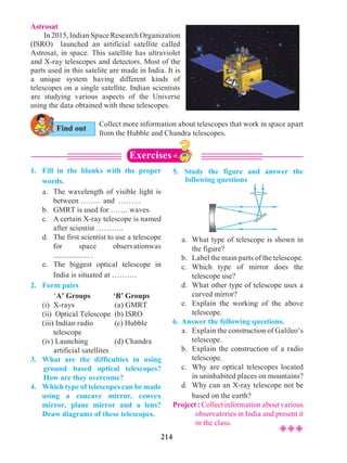 214
1. 	Fill in the blanks with the proper
words.
	 a. 	The wavelength of visible light is
between …….. and ………
	 b. 	 GMRT is used for ……. waves.
	 c. 	A certain X-ray telescope is named
after scientist ………..
	 d. 	 The first scientist to use a telescope
for space observationwas
................... .
	 e. 	The biggest optical telescope in
India is situated at ……….
2. 	 Form pairs
	 ‘A’ Groups ‘B’ Groups
	 (i) 	X-rays		 (a) GMRT
	 (ii) Optical Telescope	 (b) ISRO
	 (iii) Indian radio		 (c) Hubble
		telescope
	 (iv) Launching		 (d) Chandra
		 artificial satellites
3. 	What are the difficulties in using
ground based optical telescopes?
How are they overcome?
4.	 Which type of telescopes can be made
using a concave mirror, convex
mirror, plane mirror and a lens?
Draw diagrams of these telescopes.
	 a. 	What type of telescope is shown in
the figure?
	 b. 	 Label the main parts of the telescope.
	 c. 	Which type of mirror does the
telescope use?
	 d. 	What other type of telescope uses a
curved mirror?
	 e. 	Explain the working of the above
telescope.
6. 	Answer the following questions.
	 a. 	 Explain the construction of Galileo’s
telescope.
	 b. 	Explain the construction of a radio
telescope.
	 c. 	Why are optical telescopes located
in uninhabited places on mountains?
	 d. 	Why can an X-ray telescope not be
based on the earth?
Project : Collect information about various
observatories in India and present it
in the class.
Astrosat
	 In 2015, Indian Space Research Organization
(ISRO) launched an artificial satellite called
Astrosat, in space. This satellite has ultraviolet
and X-ray telescopes and detectors. Most of the
parts used in this satelite are made in India. It is
a unique system having different kinds of
telescopes on a single satellite. Indian scientists
are studying various aspects of the Universe
using the data obtained with these telescopes.
Collect more information about telescopes that work in space apart
from the Hubble and Chandra telescopes.
Find out
²²²
Exercises
5.	Study the figure and answer the
following questions
 