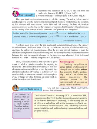 53
Valency
1. Determine the valencies of H, Cl, O and Na from the
molecular formulae H2
, HCl, H2
O and NaCl.
2. What is the type of chemical bond in NaCl and MgCl2
?
	 The capacity of an element to combine is called its valency. The valency of an element
is indicated by a specific number. It is the number of chemical bonds formed by one atom
of that element with other atoms. In the 18th and 19th century, the laws of chemical
combinationwereusedtofindoutthevalenciesofelements.In20thcentury,therelationship
of the valency of an element with its electronic configuration was recognised.
	Thus, a sodium atom has the capacity to give
away 1e-
while a chlorine atom has the capacity to
take up 1e-
. This means that the valency of both the
elements sodium and chlorine is one. From this the
electronic definition of valency is as follows : “The
number of electrons that an atom of an element gives
away or takes up while forming an ionic bond, is
called the valency of that element.”
	 How will the compounds, MgCl2
and CaO be
formed their elements?
The number of
electrons that are
given away or
taken up is always
a whole number.
Therefore, valency
is always a whole
number.
Sodium atom (Na) Electron configuration (2,8,1) 	 Sodium ion Na+
(2,8)
Chlorine atom (Cl) Electron configuration (2,8,7) 	 Chloride ion Cl-
(2,8,8)
-1e-
+1e-
Na+
+ Cl-
NaCl (sodium chloride)
	 A sodium atom gives away 1e-
and a cation of sodium is formed, hence, the valency
of sodium is one. A chlorine atom takes up 1e-
and forms an anion of chlorine (chloride),
and thus, the valency of chlorine is one. After the give and take of electrons is over, the
electronic configuration of both the resulting ions has a complete octet. Due to the attraction
between the unit but opposite charges on the two ions, one chemical bond is formed
between Na+
and Cl-
and the compound NaCl is formed.
Can you recall?
Use your brain power !
Science capsule
	 Positively charged ions are
called cations while negatively
charged ions are called anions.
For example, MgCl2
contains
Mg++
and Cl-
as cation and
anion respectively. The
electrons present in the
outermost orbit of an atom are
called valence electrons.
The National Chemical Laboratory (NCL), a unit of the CSIR,
was established in 1950. Its objectives are to conduct research
in the various branches of chemistry, to aid industry and to
develop new technology with a view to making profitable use
of the country's natural resources. The Laboratory conducts
research in fields such as biotechnology, nonotechnology and
polymer science.
 