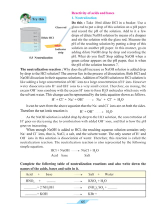 65
Reactivity of acids and bases
1. Neutralization
Do this : Take 10ml dilute HCl in a beaker. Use a
glass rod to put a drop of this solution on a pH paper
and record the pH of the solution. Add to it a few
drops of dilute NaOH solution by means of a dropper
and stir the solution with the glass rod. Measure the
pH of the resulting solution by putting a drop of this
solution on another pH paper. In this manner, go on
adding dilute NaOH drop by drop and recording the
pH. What do you find? Stop adding NaOH when a
green colour appears on the pH paper, that is when
the pH of the solution becomes 7.
H+
+ Cl-
+ Na+
+ OH-
Na+
+ Cl-
+ H2
O
H+
+ OH-
H2
O
HCl + NaOH NaCl + H2
O
Acid base Salt
The neutralization reaction : Why does the pH increase as NaOH solution is added drop
by drop to the HCl solution? The answer lies in the process of dissociation. Both HCl and
NaOH dissociate in their aqueous solutions. Addition of NaOH solution to HCl solution is
like adding a large concentration of OH-
ions to a large concentration of H+
ions. However
water dissociates into H+
and OH-
ions to a very small extent. Therefore, on mixing, the
excess OH-
ions combine with the excess H+
ions to form H2
O molecules which mix with
the solvent water. This change can be represented by the ionic equation shown as follows.
	 It can be seen from the above equation that the Na+
and Cl-
ions are on both the sides.
Therefore the net ionic reaction is
	 As the NaOH solution is added drop by drop to the HCl solution, the concentration of
H+
goes on decreasing due to combination with added OH-
ions, and that is how the pH
goes on increasing.
	 When enough NaOH is added to HCl, the resulting aqueous solution contains only
Na+
and Cl-
ions, that is, NaCl, a salt, and the solvent water. The only source of H+
and
OH-
ions in this solution is dissociation of water. Therefore, this reaction is called the
neutralization reaction. The neutralization reaction is also represented by the following
simple equation.
Complete the following table of neutralization reactions and also write down the
names of the acids, bases and salts in it.
Acid + base Salt + Water
HNO3
+ .......... KNO3
+ H2
O
...............+ 2 NH4
OH (NH4
)2
SO4
+ ...........
..............+ KOH KBr +
Try this
5.5 Neutralization
Dilute HCl
Glass rod
Indicator
strip
 