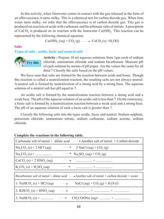 68
	 We have seen that salts are formed by the reaction between acids and bases. Though
this reaction is called a neutralization reaction, the resulting salts are not always neutral.
A neutral salt is formed by neutralization of a strong acid by a strong base. The aqueous
solution of a neutral salt has pH equal to 7.
	 An acidic salt is formed by the neutralization reaction between a strong acid and a
weak base. The pH of the aqueous solution of an acidic salt is less than 7. On the contrarary,
a basic salt is formed by a neutralization reaction between a weak acid and a strong base.
The pH of an aqueous solution of such a basic salt is greater than 7.
	 Classify the following salts into the types acidic, basic and neutral. Sodium sulphate,
potassium chloride, ammonium nitrate, sodium carbonate, sodium acetate, sodium
chloride.
Complete the reactions in the following table.
Carbonate salt of metal + dilute acid Another salt of metal + Carbon dioxide
Na2
CO3
(s) + 2 HCl (aq) 2 NaCl (aq) + CO2
(g)
Na2
CO3
(s)+ ................... Na2
SO4
(aq) + CO2
(g)
CaCO3
(s) + 2 HNO3
(aq) .................. + ..................
K2
CO3
(s) + H2
SO4
(aq) .................. + ..................
Bicarbonate salt of metal + dilute acid Another salt of metal + carbon dioxide + water
1. NaHCO3
(s) + HCl (aq) NaCl (aq) + CO2
(g) + H2
O (l)
2. KHCO3
(s) + HNO3
(aq) .................. + .................. + ..................
3. NaHCO3
(s) + .............. CH3
COONa (aq)+ ............ + ..................
	 In this activity, when limewater comes in contact with the gas released in the form of
an effervescence, it turns milky. This is a chemical test for carbon dioxide gas. When lime
water turns milky, we infer that the effervescence is of carbon dioxide gas. This gas is
produced on reaction of acids with carbonate and bicarbonate salts of metals. Aprecipitate
of CaCO3
is produced on its reaction with the limewater Ca(OH)2
. This reaction can be
represented by the following chemical equation.
Ca(OH)2
(aq) + CO2
(g) CaCO3
(s) +H2
O(l)
Salts
Types of salts : acidic, basic and neutral salts
Try this
Activity : Prepare 10 ml aqueous solutions from 1gm each of sodium
chloride, ammonium chloride and sodium bicarbonate. Measure pH
of each solution by means of pH paper. Are the values the same for all
three ? Classify the salts based on the pH values.
 