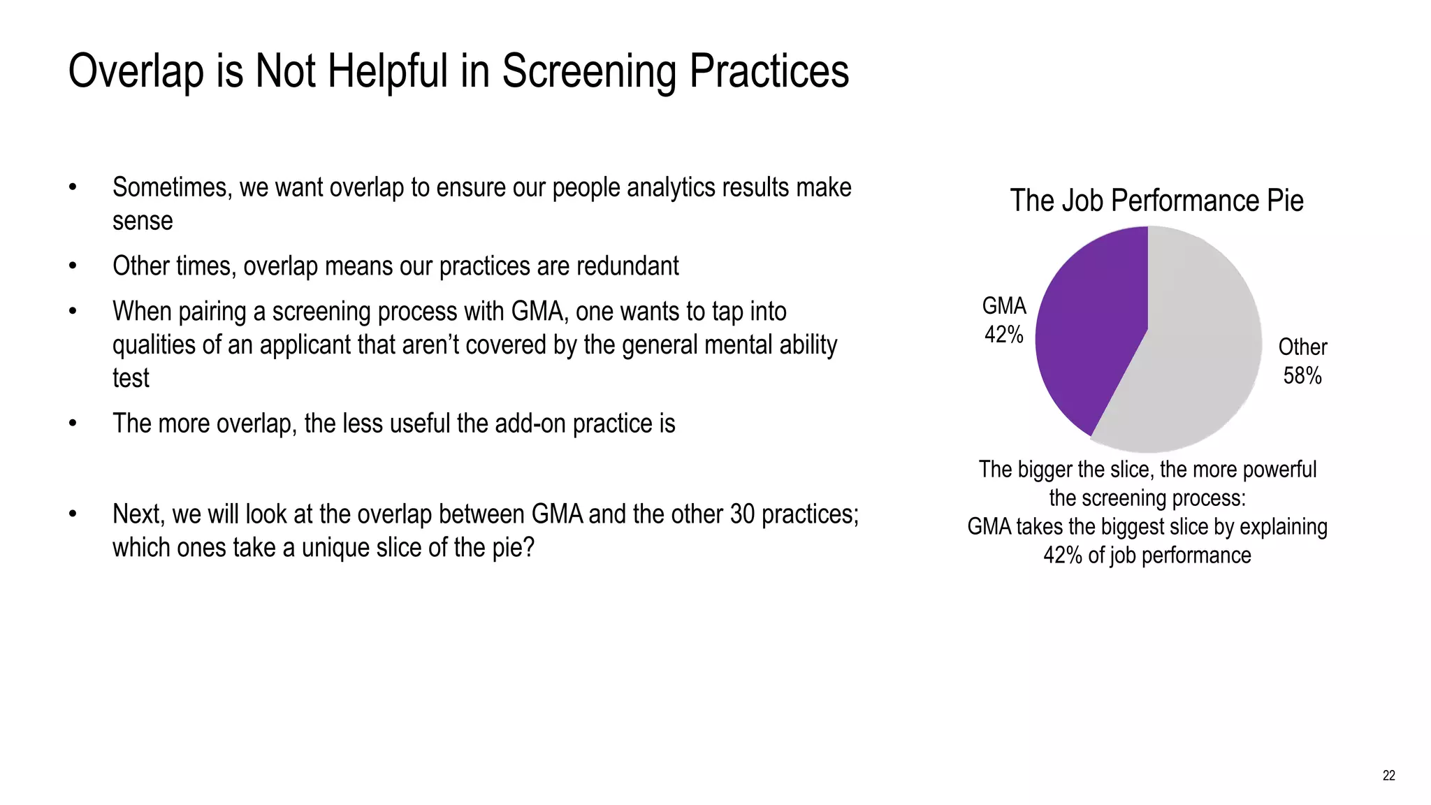 22
Overlap is Not Helpful in Screening Practices
• Sometimes, we want overlap to ensure our people analytics results make
sense
• Other times, overlap means our practices are redundant
• When pairing a screening process with GMA, one wants to tap into
qualities of an applicant that aren’t covered by the general mental ability
test
• The more overlap, the less useful the add-on practice is
• Next, we will look at the overlap between GMA and the other 30 practices;
which ones take a unique slice of the pie?
The Job Performance Pie
The bigger the slice, the more powerful
the screening process:
GMA takes the biggest slice by explaining
42% of job performance
GMA
42%
Other
58%
 