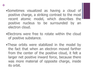 •Sometimes visualized as having a cloud of positive charge, a striking contrast to the most recent atomic model, which describes the positive nucleus to be surrounded by an electron cloud.•Electrons were free to rotate within the cloud of positive substance.•These orbits were stabilized in the model by the fact that when an electron moved farther from the center of the positive cloud, it felt a larger net positive inward force, because there was more material of opposite charge, inside its orbit.