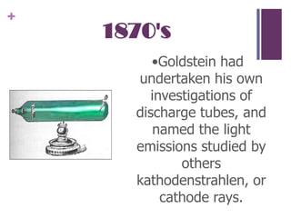 1870's•Goldstein had undertaken his own investigations of discharge tubes, and named the light emissions studied by others kathodenstrahlen, or cathode rays.