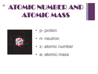 ATOMIC NUMBER AND ATOMIC MASS•  p- proton•  n- neutron•  z- atomic number•  a- atomic mass