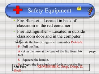 Safety Equipment
• Fire Blanket – Located in back
classroom in the red container
of
• Fire Extinguisher – Located in outside
classroom door and in the computer
lab
To operate the fire extinguisher remember P-A-S-S:
P - Pull the Pin.
A - Aim the hose at the base of the fire from 5-6
feet
S - Squeeze the handle.
S - Sweep the hose back and forth across the fire.
away.
On Fire? REMEMBER: Stop, Drop, &
Roll
 
