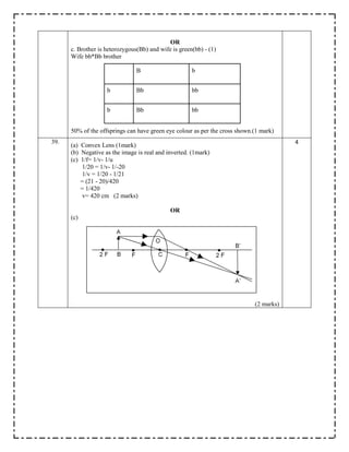 OR
c. Brother is heterozygous(Bb) and wife is green(bb) - (1)
Wife bb*Bb brother
B b
b Bb bb
b Bb bb
50% of the offsprings can have green eye colour as per the cross shown.(1 mark)
39.
(a) Convex Lens (1mark)
(b) Negative as the image is real and inverted. (1mark)
(c) 1/f= 1/v- 1/u
1/20 = 1/v- 1/-20
1/v = 1/20 - 1/21
= (21 - 20)/420
= 1/420
v= 420 cm (2 marks)
OR
(c)
(2 marks)
4
 