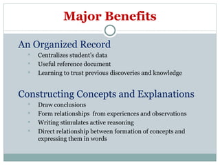 Major Benefits An Organized Record Centralizes student’s data Useful reference document Learning to trust previous discoveries and knowledge Constructing Concepts and Explanations Draw conclusions Form relationships  from experiences and observations Writing stimulates active reasoning Direct relationship between formation of concepts and expressing them in words 