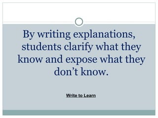 By writing explanations, students clarify what they know and expose what they don’t know. Write to Learn 