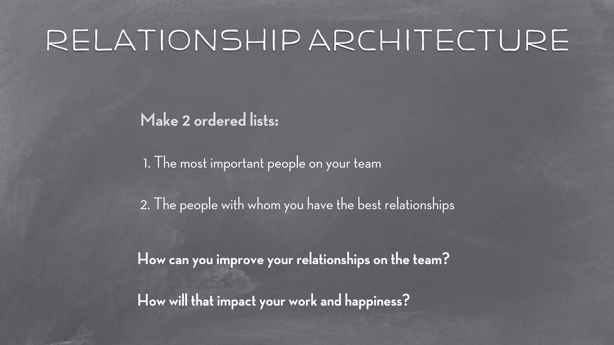 relationship architecture 
Make 2 ordered lists: 
! 
1. The most important people on your team 
2. The people with whom you have the best relationships 
How can you improve your relationships on the team? 
How will that impact your work and happiness? 
 