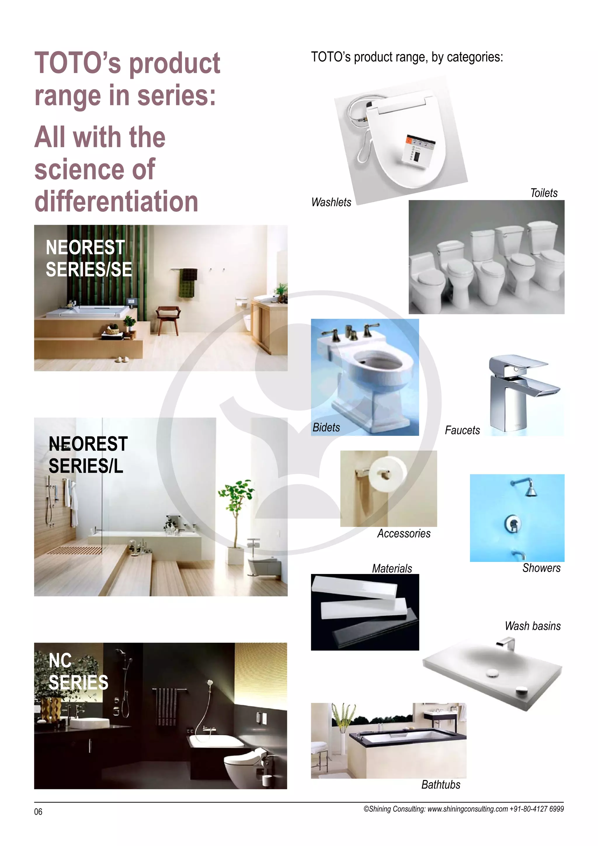 TOTO’s product     TOTO’s product range, by categories:


range in series:
All with the
science of
differentiation    Washlets
                                                                                  Toilets



     NEOREST
     SERIES/SE




                   Bidets                              Faucets
     NEOREST
     SERIES/L


                                  Accessories

                                Materials                                      Showers



                                                                          Wash basins


     NC
     SERIES



                                                Bathtubs

06                            ©Shining Consulting: www.shiningconsulting.com +91-80-4127 6999
 