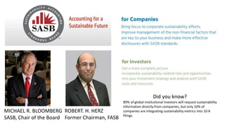ROBERT. H. HERZ
Former Chairman, FASB
MICHAEL R. BLOOMBERG
SASB, Chair of the Board
Did you know?
89% of global institutional investors will request sustainability
information directly from companies, but only 10% of
companies are integrating sustainability metrics into 10-K
filings.
 
