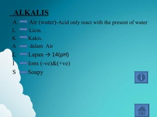 ALKALIS
A   Air (water)-Acid only react with the present of water
L   Licin.
K   Kakis.
A   dalam Air
L   Lapan → 14(pH)
I   Ions (-ve)&(+ve)
S   Soapy
 