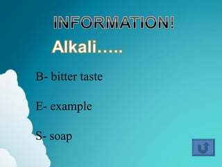 B- bitter taste

E- example

S- soap
 