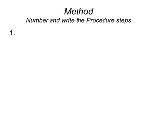 Method
Number and write the Procedure steps
1.