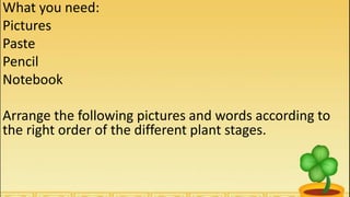 What you need:
Pictures
Paste
Pencil
Notebook
Arrange the following pictures and words according to
the right order of the different plant stages.
 