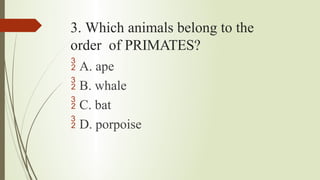 3. Which animals belong to the
order of PRIMATES?
 A. ape
 B. whale
 C. bat
 D. porpoise
 