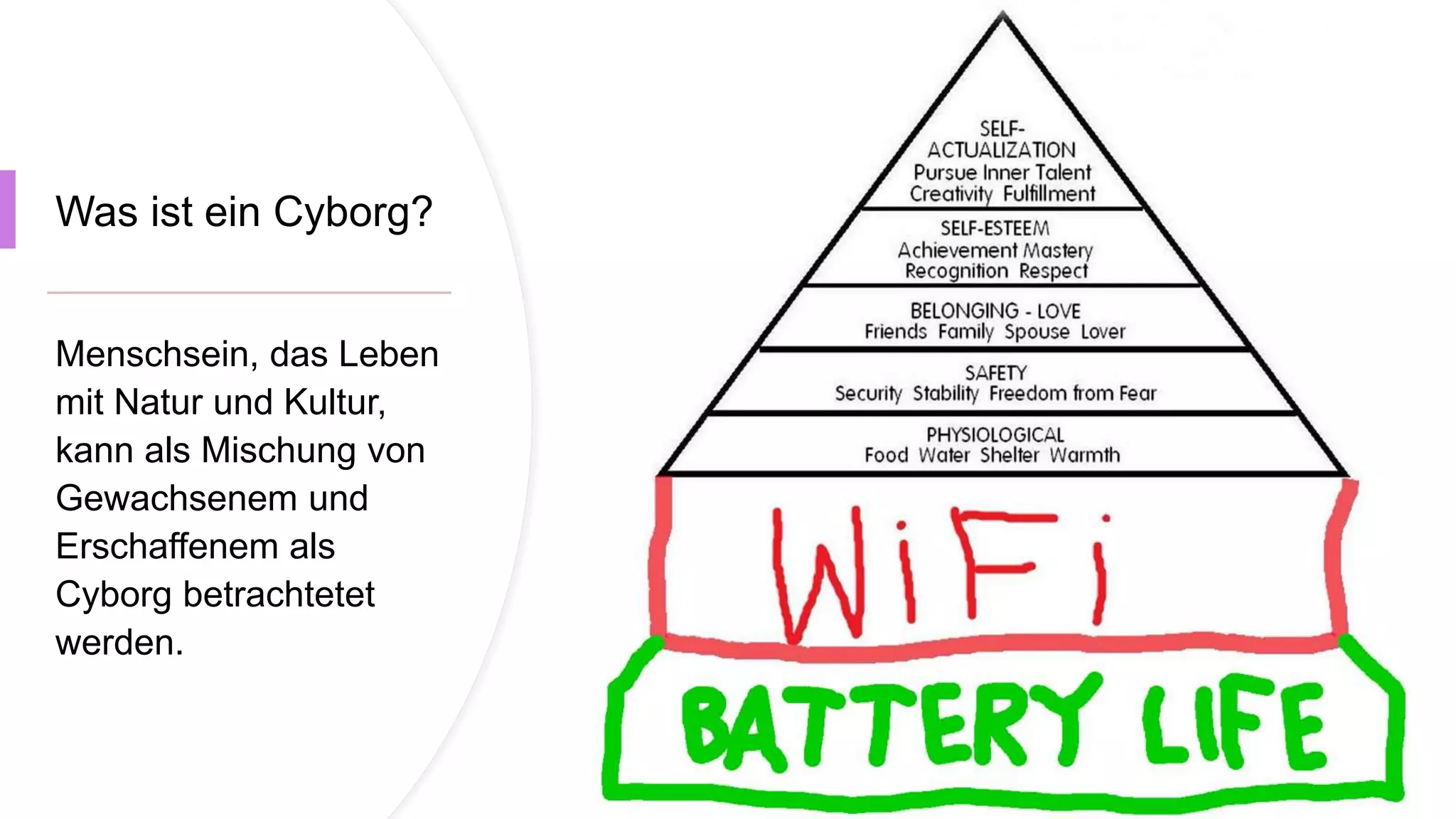 Was ist ein Cyborg?
Menschsein, das Leben
mit Natur und Kultur,
kann als Mischung von
Gewachsenem und
Erschaffenem als
Cyborg betrachtetet
werden.
 