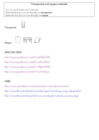 Transparent and opaque materials
-You can see through some materials
-Materials that you can see through are transparent
-Materials that you can’t see through are opaque
Transparent
Opaque
SONGS AND VIDEOS
http://www.youtube.com/watch?v=phFKBg51eNM
http://www.youtube.com/watch?v=xOKr462HLc0
http://www.youtube.com/watch?v=SRqfcW3M0Wo
http://www.youtube.com/watch?v=8_4hv64gLto
GAMES
http://www.sciencekids.co.nz/gamesactivities/materialproperties.html
http://www.bbc.co.uk/schools/scienceclips/ages/5_6/sorting_using_mate_fs.shtml
http://www.bbc.co.uk/bitesize/ks2/science/materials/material_properties/play/
 